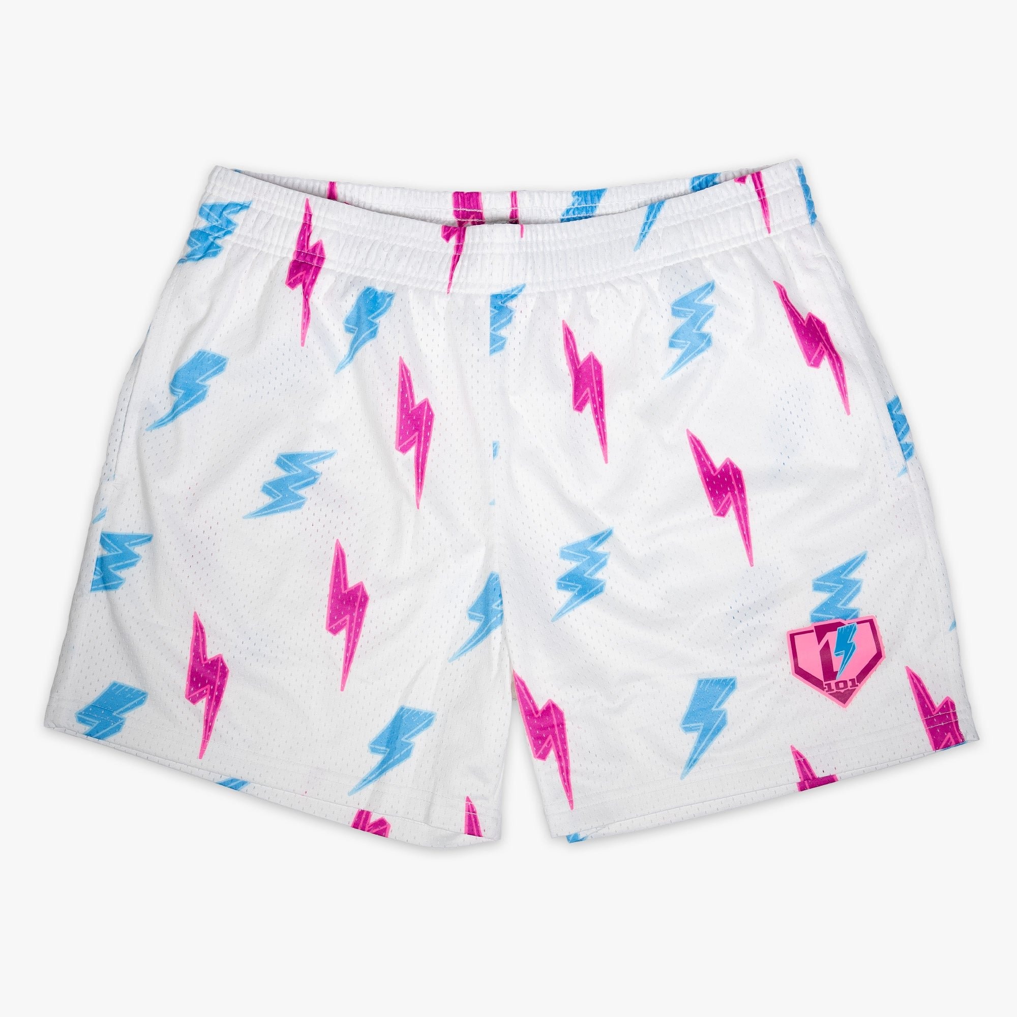 Rain Delay Lightning Bolt Mesh Shorts - Pink Blue Print, 5" Inseam