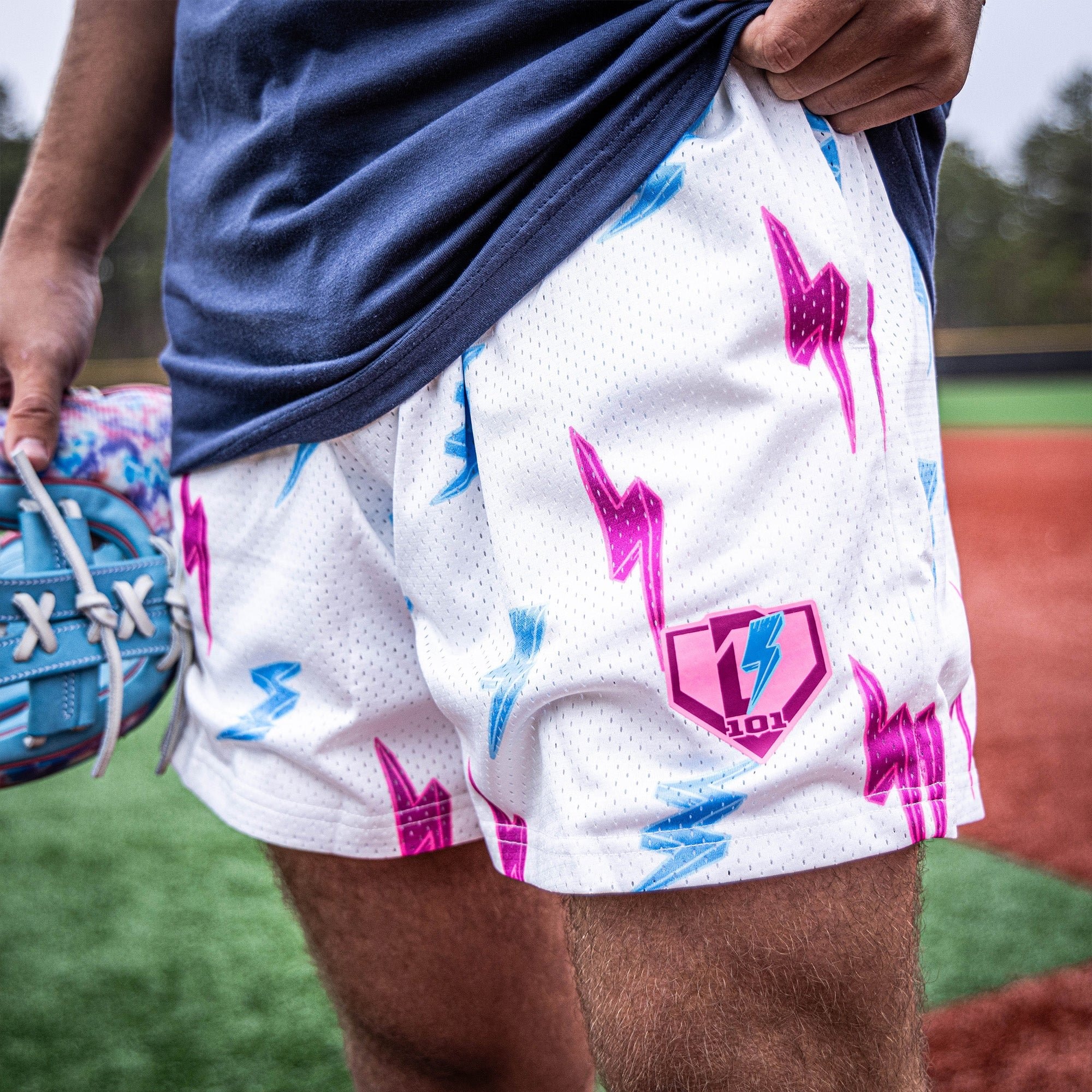 Rain Delay Lightning Bolt Mesh Shorts - Pink Blue Print, 5" Inseam