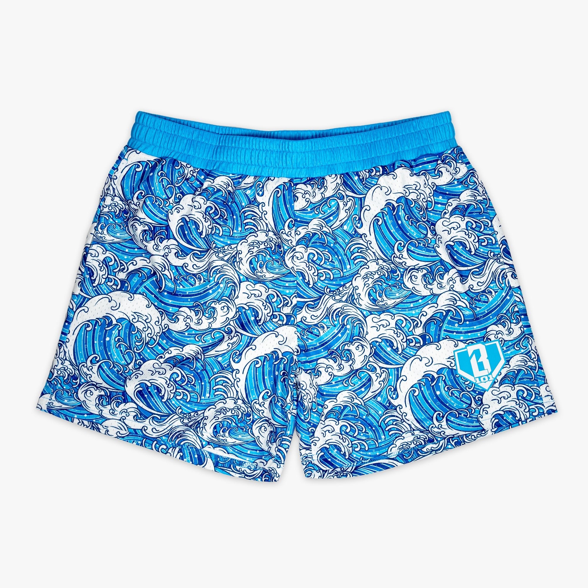 Wave Shorts Baseball Mesh Shorts Allover Ocean Print Blue Waistband 5" Inseam