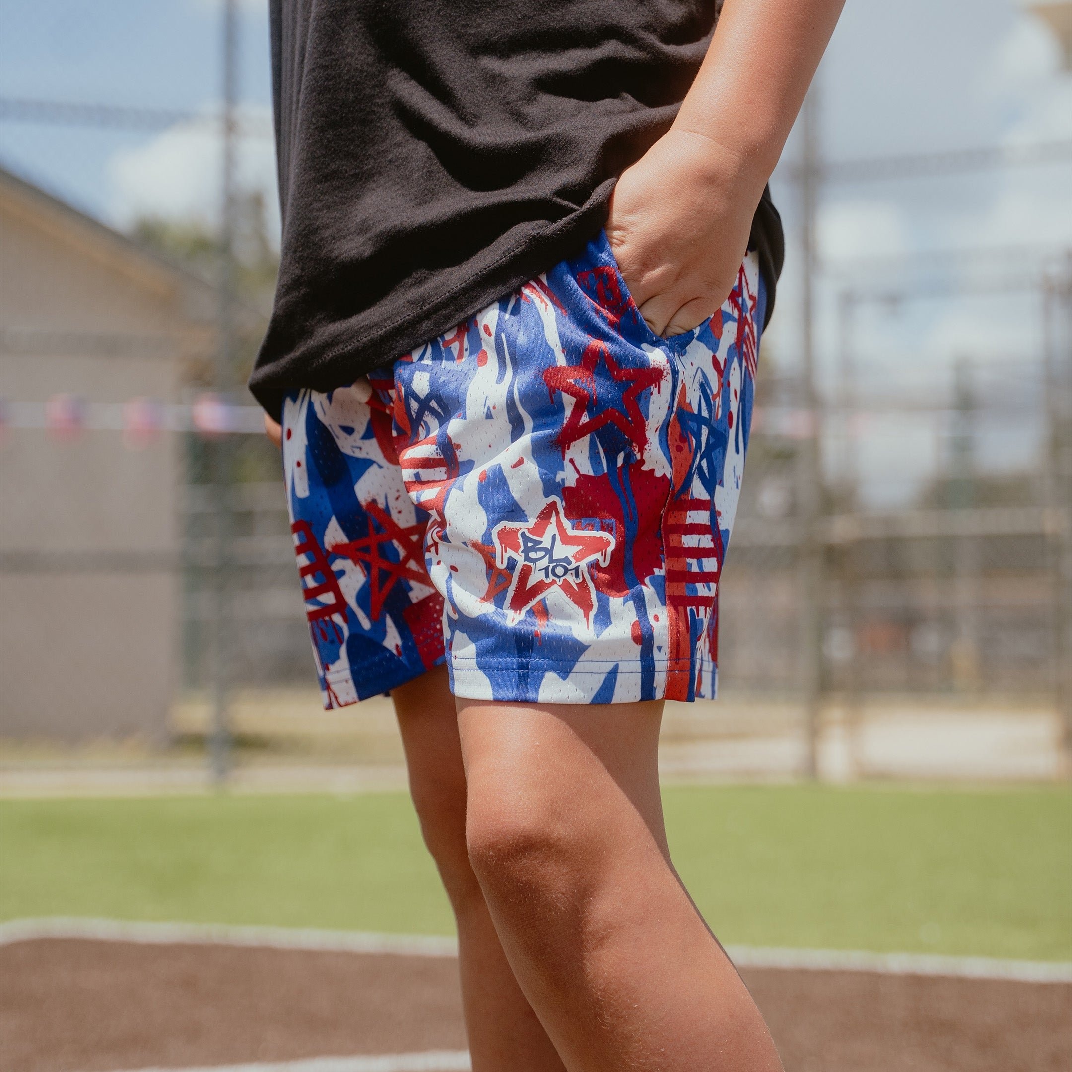 Graffiti Stars Patriotic Shorts - USA Red White Blue Mesh Allover Print