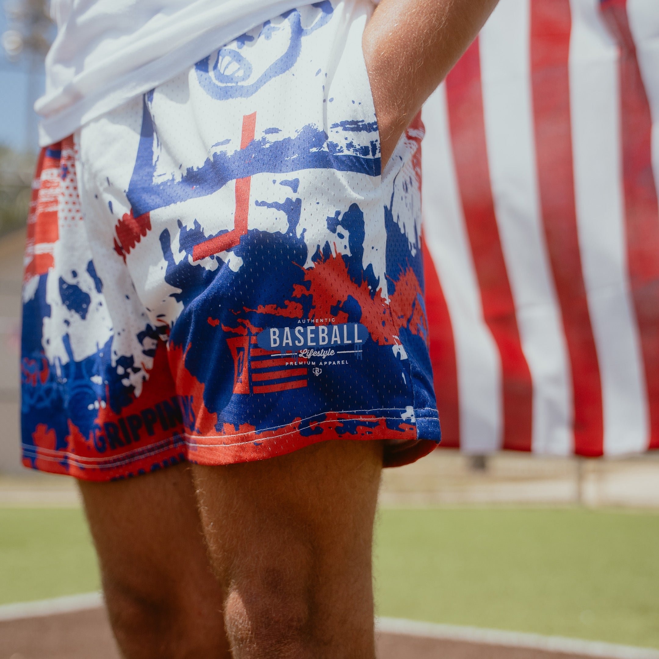 USA Graffiti Mesh Shorts - Patriotic Red White Blue Allover Print, 100% Polyester