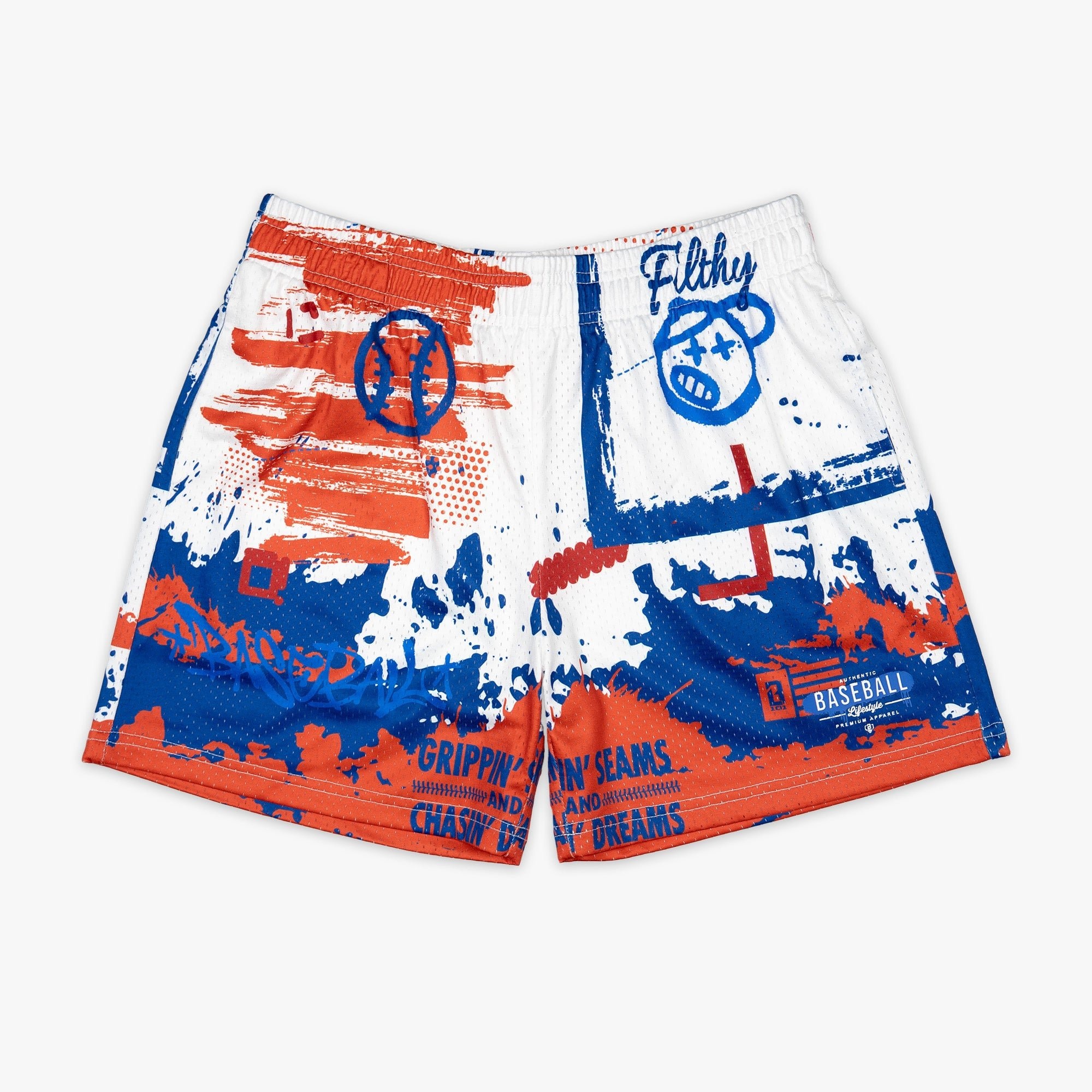 USA Graffiti Mesh Shorts - Patriotic Red White Blue Allover Print, 100% Polyester