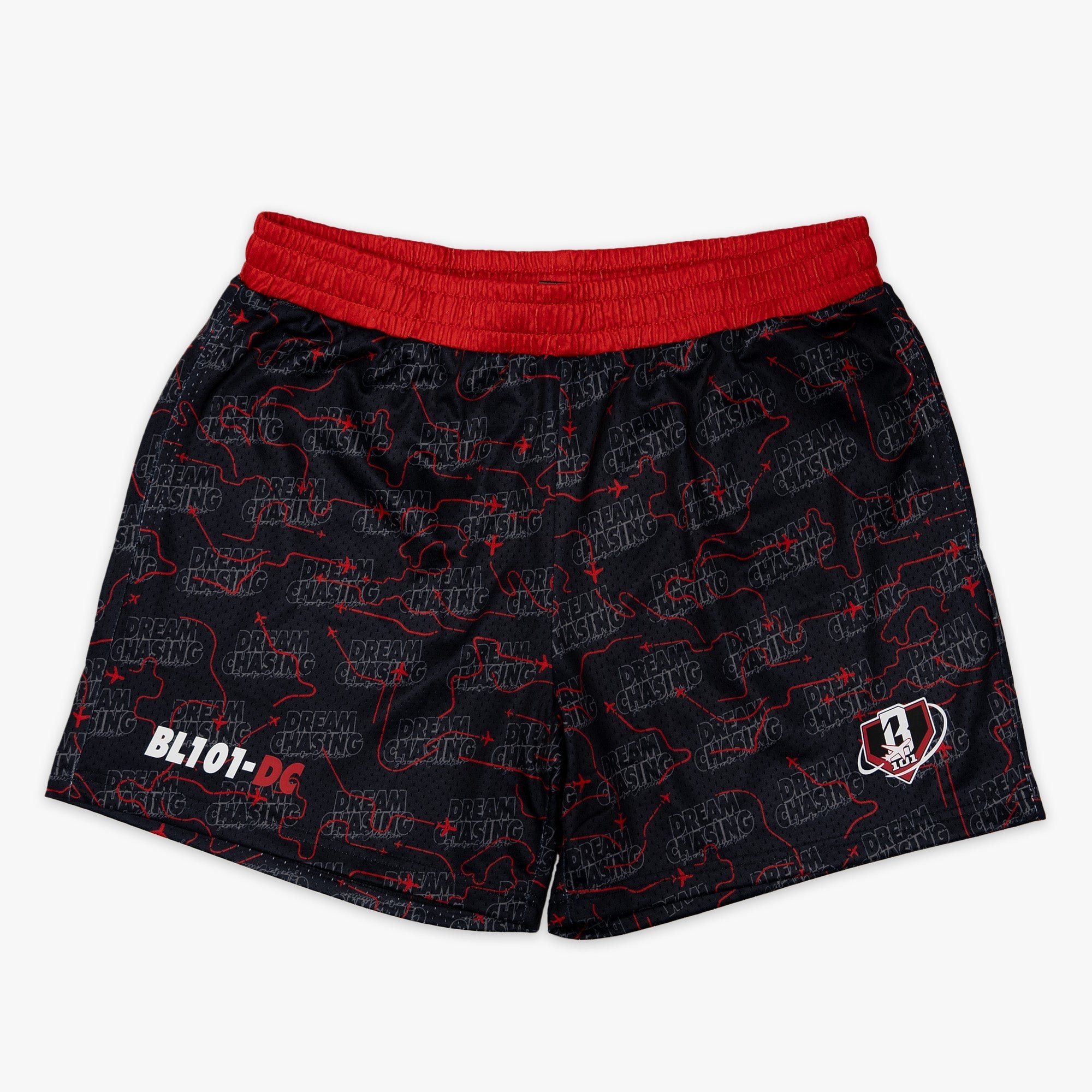 Dream Chaser Shorts - Red Eye Black Print Mesh Athletic Shorts with Red Waistband